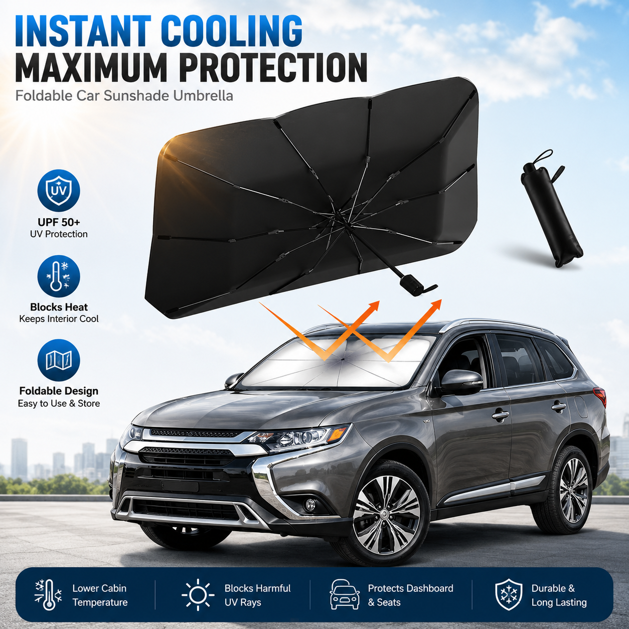 ✨ Premium Umbrella Car Sun Shade | UPF50+ Foldable UV Blocker & Heat Reflector for Instant Interior Cooling 🚗