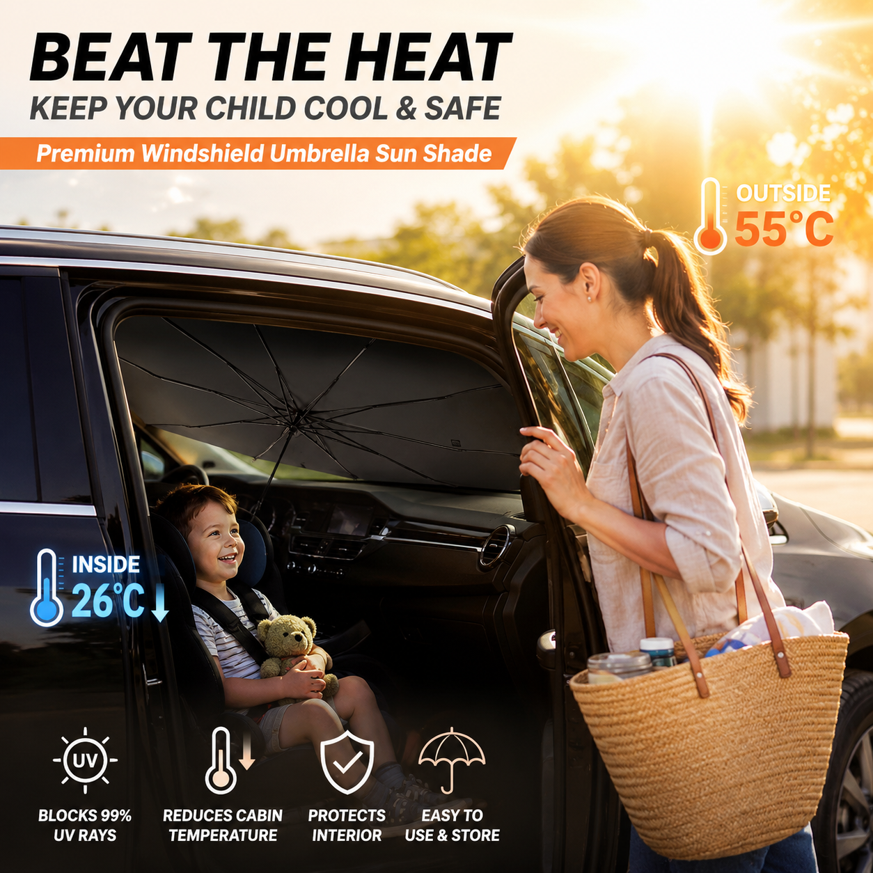 ✨ Premium Umbrella Car Sun Shade | UPF50+ Foldable UV Blocker & Heat Reflector for Instant Interior Cooling 🚗